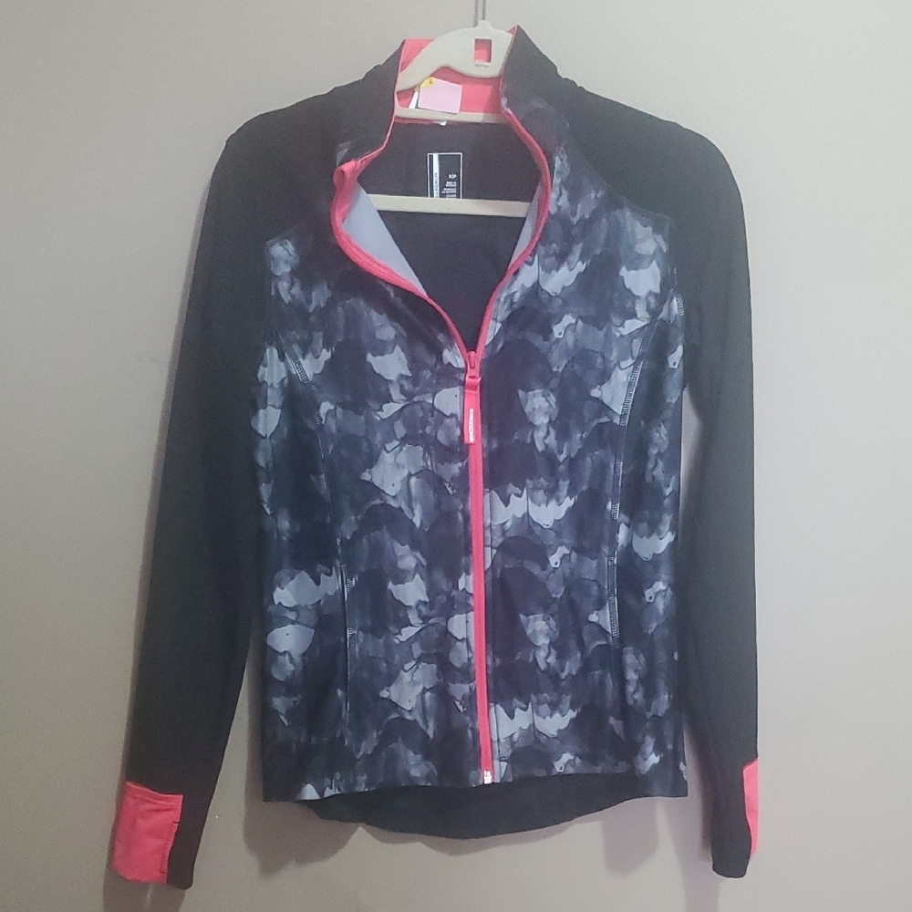 Mondetta Black and Pink Abstract Zippered Jacket Wirh Thumbholes Size Small